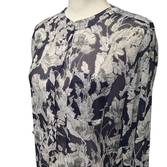 Liz Claiborne Sheer Top Button Down Blue Floral Long Sleeve Medium Blouse - Picture 2 of 13